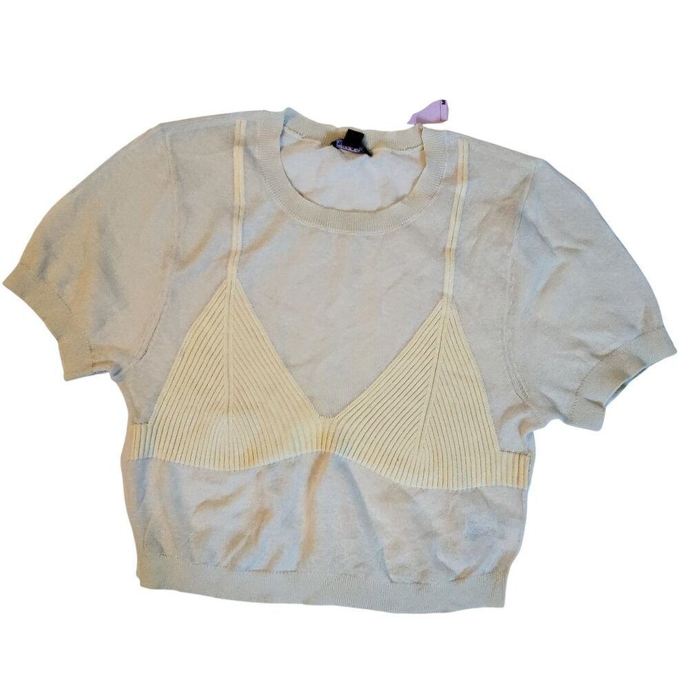 Wild Fable Off-White Ribbed Knit Bra Design Short Sleeve Sweater   Size  M